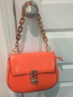 Orange Patent Leather Chain Strap Shoulder Bag